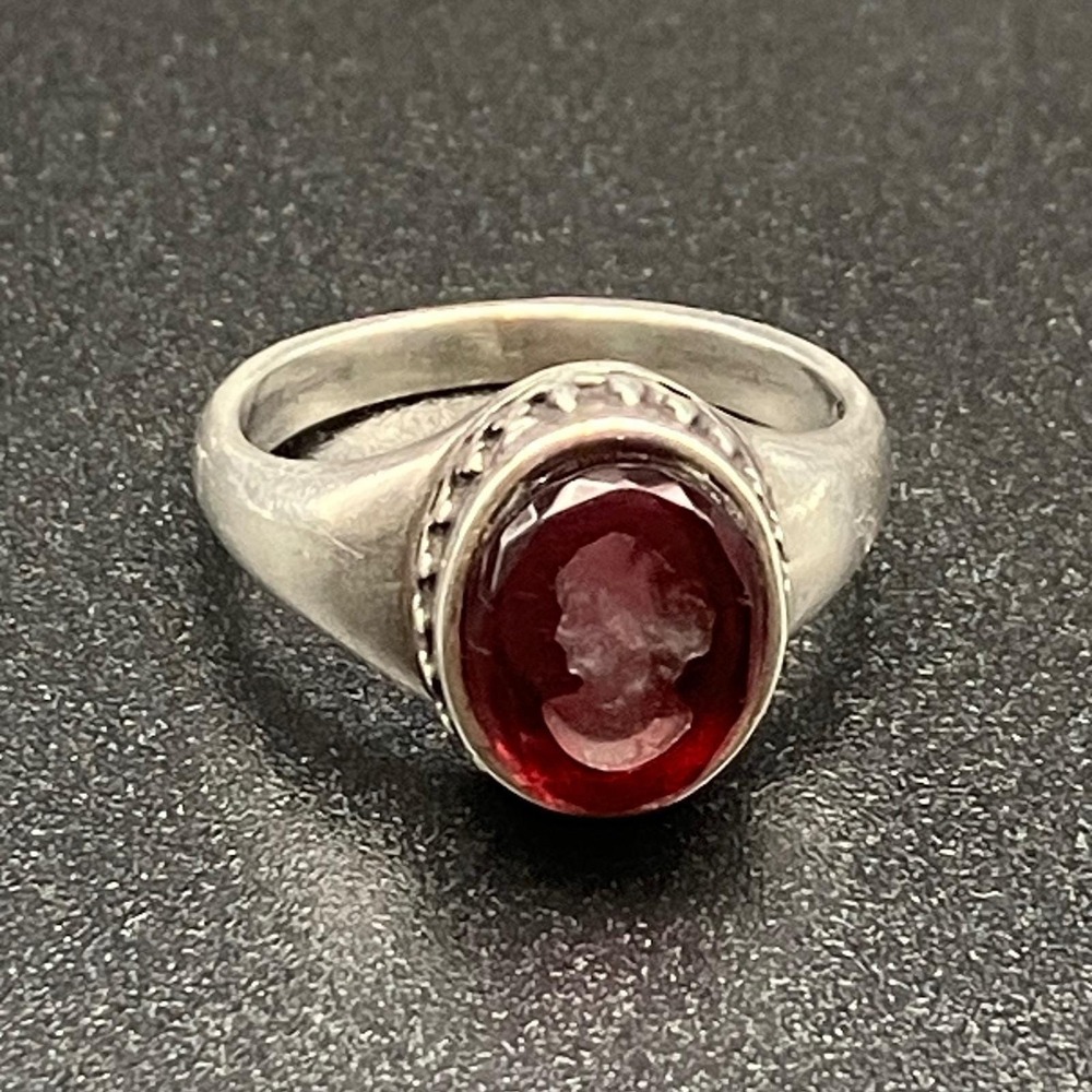 Vintage Sterling Silver Ring Red Glass Intaglio Cameo Crown Bezel Size 7